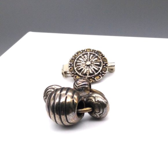 Silver Tone Dangle Brooch has a Tribal Flair with Repousse and Embossed Beads - Picture 2 of 4